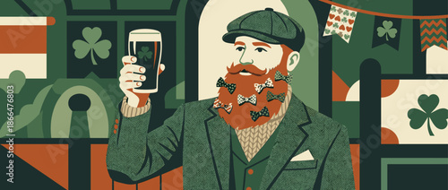 Bearded man in a tweed cap and jacket with bow ties in his beard holds a pint of stout beer during a festive holiday celebration with shamrock decorations