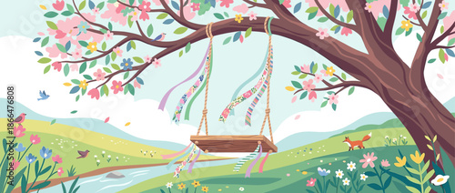 Wooden rope swing decorated with colorful ribbons hangs from a large blossoming tree in an idyllic spring landscape with a river, flowers, birds, and a small fox