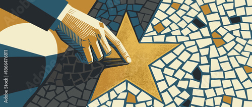 Graphic hand pointing at a golden star on a mosaic floor in a stylized, retro woodcut illustration style with a limited color palette of blue, yellow, and cream