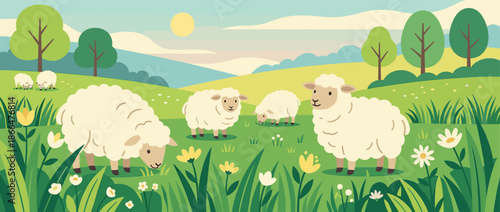 Group of cute fluffy cartoon sheep graze peacefully in a vibrant green meadow with flowers, trees, and rolling hills under a sunny sky in a flat vector illustration style