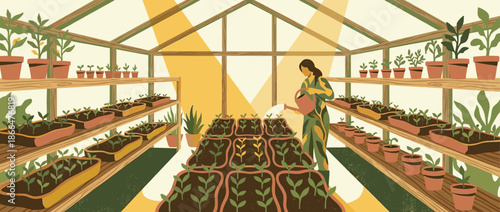 Illustrated woman watering young plants inside a sunlit greenhouse filled with seedlings on wooden shelves, conveying a peaceful and nurturing mood in a flat vector style