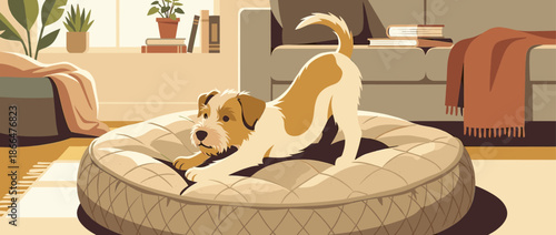 Playful brown and white terrier dog stretches in a play bow on its comfy bed inside a cozy, sunlit living room with modern furniture and plants, vector illustration style