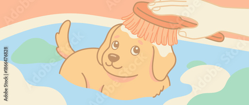 Cute illustrated puppy with a happy face is being washed with a brush during bath time, showing a concept of pet grooming and hygiene in a gentle pastel color palette
