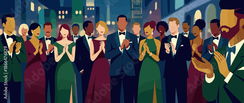 Diverse group of elegant men and women in tuxedos and gowns clapping enthusiastically at a sophisticated nighttime event in a flat graphic illustration style