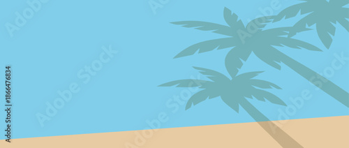 Shadows of exotic palm trees falling across a vibrant blue surface and sandy ground, creating a tranquil and minimalist summer vacation scene