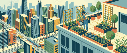 Woman in overalls waters her plants in a rooftop garden overlooking a bustling modern cityscape with skyscrapers and an elevated train in a flat graphic illustration style