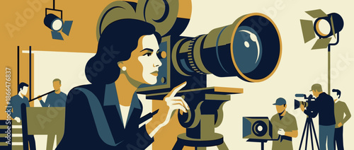 Focused female film director stands beside a vintage movie camera on a professional production set, gesturing while her crew operates lights and equipment in a retro illustration