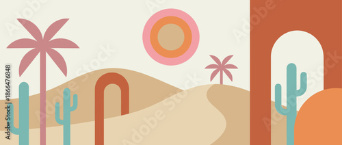 Minimalist abstract desert landscape illustration with palm trees, cacti, and sand dunes in a warm bohemian style with geometric shapes and arches under a retro sun