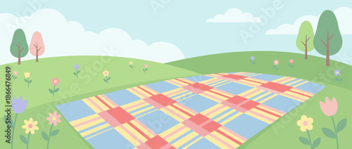 Colorful plaid picnic blanket lying on a lush green meadow with blooming flowers and trees, a serene outdoor landscape scene in a flat design cartoon style