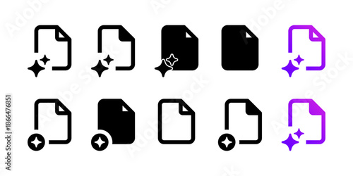 AI file document icon with sparkle effect in outline and solid styles. Represents artificial intelligence data, machine learning files, smart tech, and ui apps, web interfaces