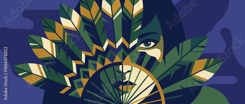 Mysterious woman's face partially hidden behind a large, decorative fan made of green and gold stylized feathers in a bold, graphic illustration style