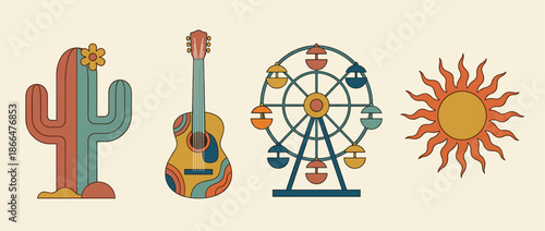 Set of four retro hippie illustrations featuring a blooming cactus, acoustic guitar, Ferris wheel, and a groovy sun, all designed in a vintage 70s style with a warm color palette
