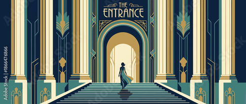 Grand Art Deco style building entrance with large columns and a majestic archway where a lone woman in a flowing gown ascends the stairs into the light