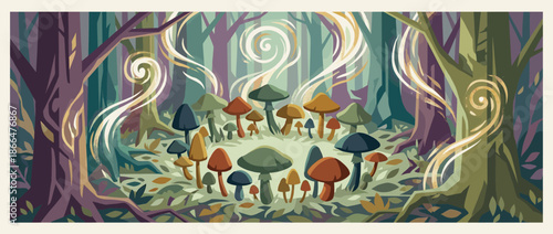 Whimsical circle of colorful illustrated mushrooms glows with magical swirling energy in a mysterious, enchanted forest clearing with ancient trees