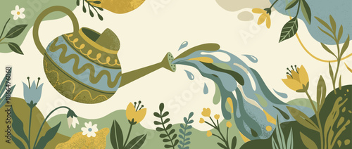 Decorative green watering can with a wavy blue pattern pours a colorful stream of water onto blooming wildflowers in a charming, textured nature illustration