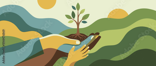 Stylized illustration of diverse hands gently holding a young tree sapling with visible roots against a colorful, abstract landscape of rolling hills