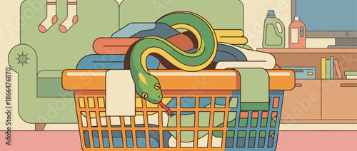 Green and yellow cartoon snake coiled on a pile of folded clothes inside a laundry basket, a surreal and unexpected sight in a messy living room illustration