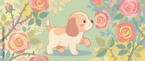 Cute cartoon puppy with floppy ears walks curiously through a beautiful garden, sniffing a fragrant pink rose in a whimsical, pastel-colored floral illustration