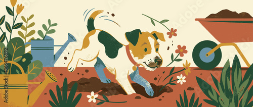 Playful spotted terrier dog happily digs a hole in a garden, kicking up dirt among flowers, plants, a wheelbarrow, and watering cans in a charming textured illustration