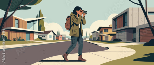 Female photographer wearing a jacket and backpack walks along a sidewalk, taking pictures of modern mid-century homes in a suburban neighborhood