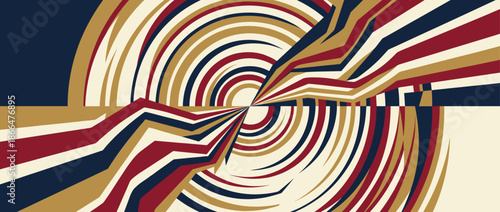 Dynamic abstract geometric pattern with distorted concentric circles and zigzag lines in a retro color palette of red, blue, and gold, creating a sense of energetic movement