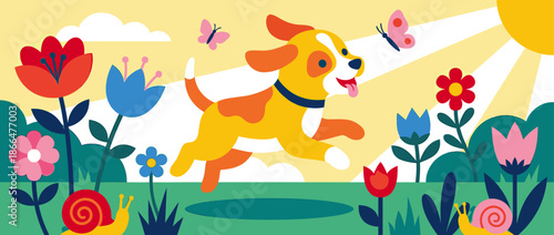 Happy cartoon dog with a blue collar runs joyfully through a vibrant summer meadow filled with colorful flowers, butterflies, and snails under a bright shining sun