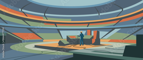 Lone stagehand technician in a hard hat prepares equipment on a stage inside a vast, empty stadium before a major concert or sporting event