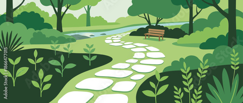 Winding stone path through a lush green park leads to a wooden bench by a tranquil river in a serene and relaxing outdoor landscape vector illustration