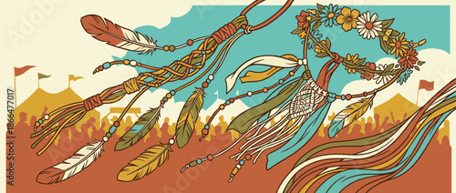 Bohemian style festival accessories with feathers, beads, and a flower crown float above a joyful crowd at an outdoor summer music event in a retro illustrated style