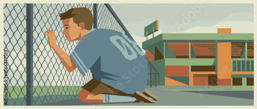 Sad young boy in a sports jersey kneels on the ground, looking wistfully through a chain-link fence at an empty stadium in a stylized graphic illustration