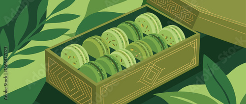 Decorative green gift box of pistachio macarons with chopped nuts is shown in a flat vector illustration style, surrounded by lush botanical leaves for a gourmet and elegant concept