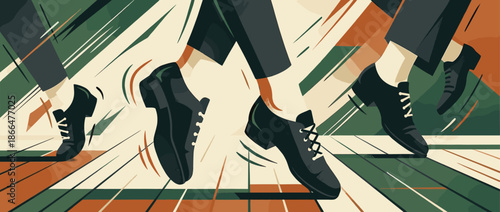 Multiple feet in classic black dress shoes walking briskly in a dynamic, retro-style graphic illustration with energetic motion lines and a bold, geometric aesthetic