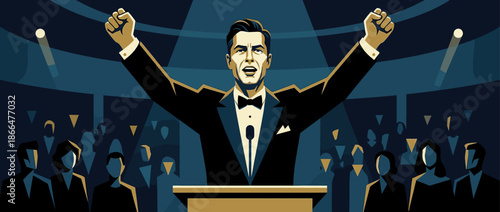 Triumphant politician in a formal tuxedo raises his fists in a victory pose, delivering a powerful speech to a crowd in a bold, graphic illustration style