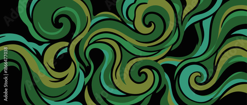 Abstract green swirling lines and organic shapes create a dynamic, flowing pattern with a retro feel, featuring various shades of olive, emerald, and teal on a dark surface