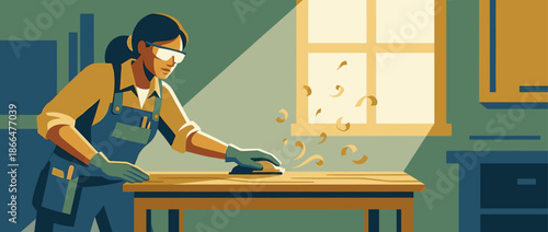 Female woodworker in a blue apron and safety glasses diligently smooths a wooden surface with a sanding block in a sunlit carpentry workshop, a flat vector illustration