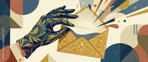 Ornate gloved hand holding a decorative golden envelope with radiant light shining from within, depicted in a vintage Art Deco illustration style with geometric shapes