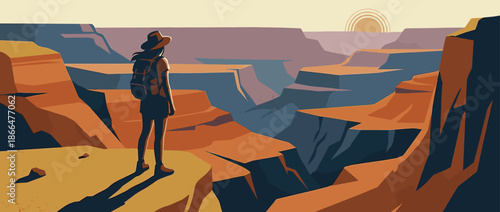 Solo female hiker with a backpack and hat stands on a cliff edge overlooking a vast canyon landscape at sunrise, depicted in a minimalist flat vector illustration style