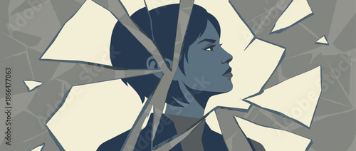 Illustrated woman's face seen through shattered glass, a conceptual graphic representing mental health, trauma, depression, and psychological distress with a muted color palette