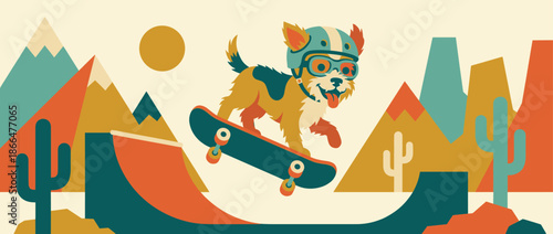 Happy adventurous dog wearing a helmet and goggles jumps on a skateboard from a ramp in a stylized desert landscape with mountains and cacti in a fun retro illustration