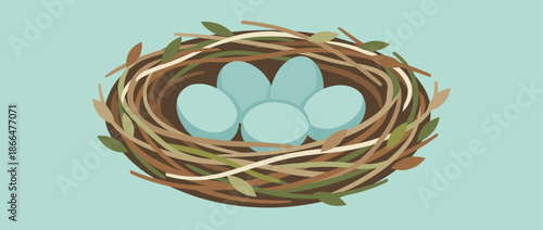 Bird's nest with five light blue eggs woven from twigs and leaves, a charming flat design illustration representing new life, family, and the arrival of spring