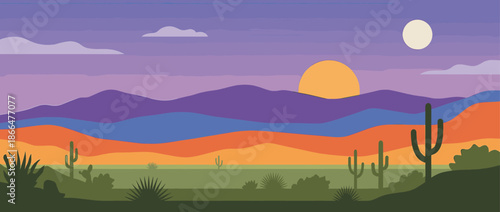 Colorful desert landscape illustration with saguaro cacti silhouettes against layered purple and orange mountains during a serene sunset or sunrise with a bright moon in the sky