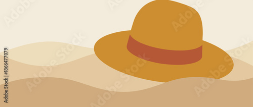 Yellow wide-brimmed sun hat with a red ribbon rests on abstract, wavy sand dunes in a minimalist, flat vector illustration with a warm, earthy color palette