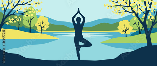 Silhouette of a person doing yoga tree pose in a serene natural landscape with a lake and trees, a concept of mindfulness and well-being in a flat vector illustration style