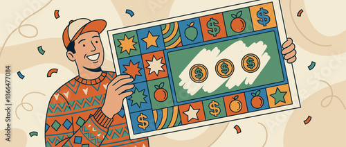 Happy cartoon man in a colorful sweater and cap holds a large winning lottery scratch card, celebrating his luck with confetti falling around