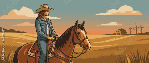 Woman in a cowboy hat and denim jacket rides a saddled brown horse through a golden field with a farm and wind turbines on the horizon at dusk
