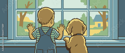 Young boy in overalls and his fluffy dog stand together, looking out a large window at the world outside in a charming, heartwarming comic-style illustration