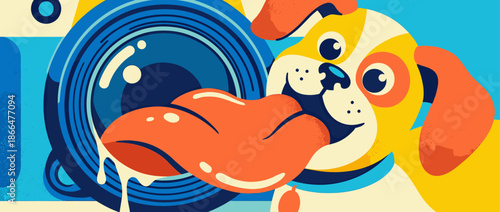 Happy cartoon dog with a big tongue playfully licks the wet lens of a camera in a colorful, modern pop art style illustration with a textured finish