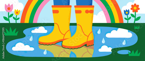 Bright yellow rubber boots standing in a puddle on a rainy spring day in a whimsical, colorful paper-cutout style illustration with a rainbow and flowers