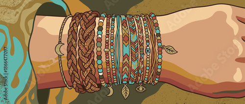 Collection of colorful bohemian style bracelets adorning a wrist, featuring braided leather, woven patterns, beads, and symbolic charms like a moon, leaf, and protective eye