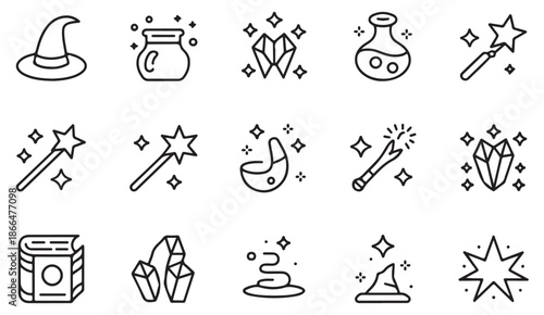 Wizard magic and enchanted symbols outline icon collection